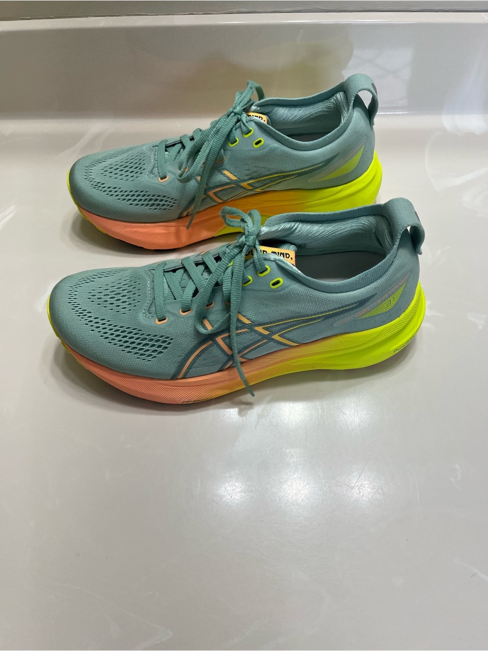 ASICS Gel Kayano 31 running shoes. Mint green with Neon Yellow & Coral Accents. - Picture 4 of 6